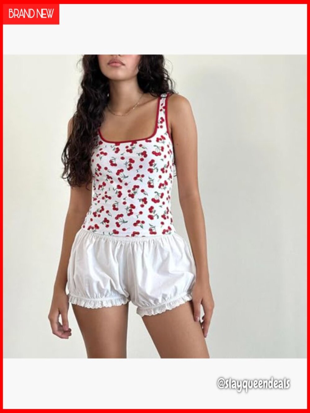 Y2K Strawberry Print Crop Tank Top Ribbed Scoop Neck Sleeveless - Picture 2 of 5